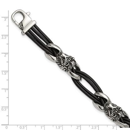 Chisel Stainless Steel Antiqued and Polished Lion Head Dark Brown Leather 8.5 inch Bracelet