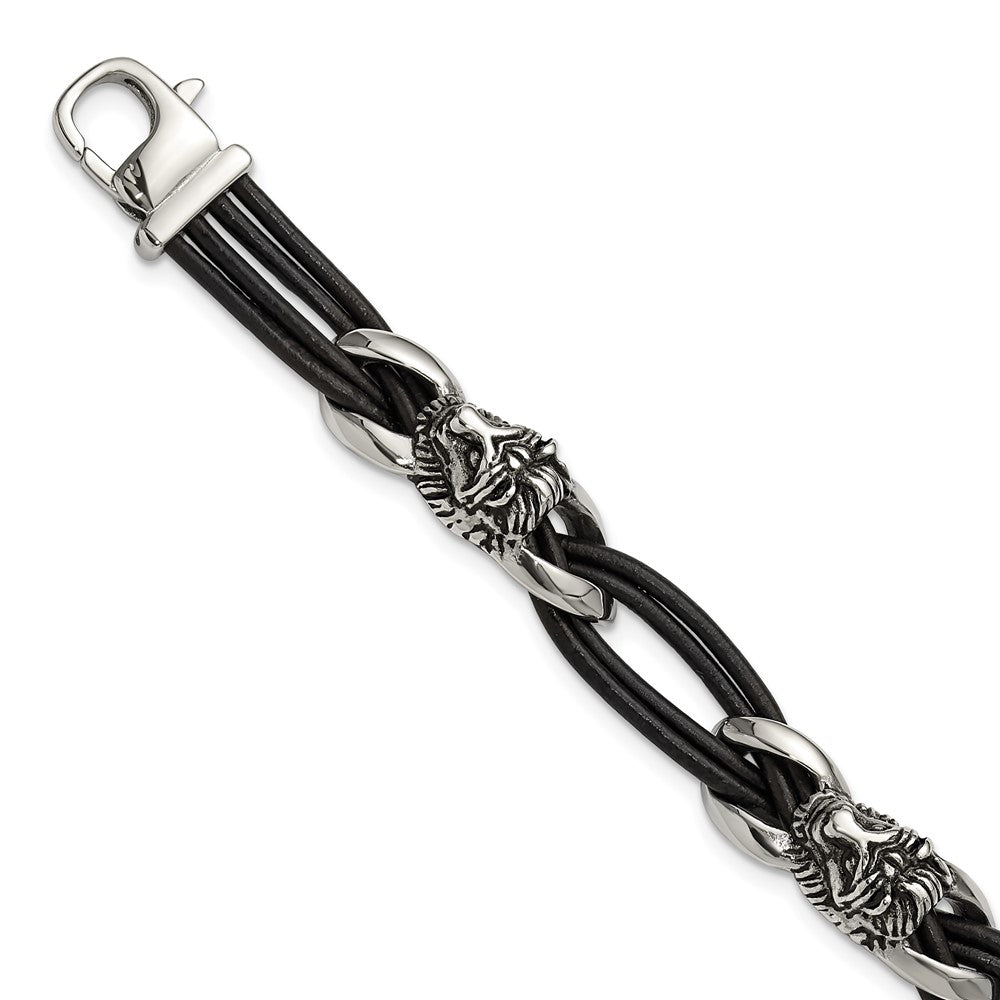 Chisel Stainless Steel Antiqued and Polished Lion Head Dark Brown Leather 8.5 inch Bracelet