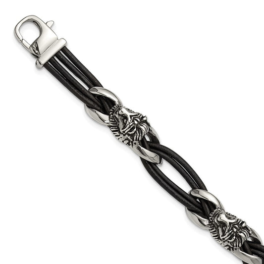 Chisel Stainless Steel Antiqued and Polished Lion Head Dark Brown Leather 8.5 inch Bracelet