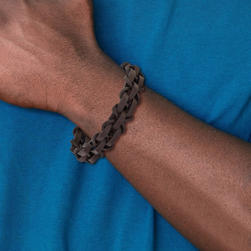 Chisel Stainless Steel Polished Brown Leather 8.25 inch Bracelet