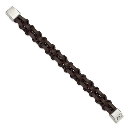 Chisel Stainless Steel Polished Brown Leather 8.5 inch Bracelet