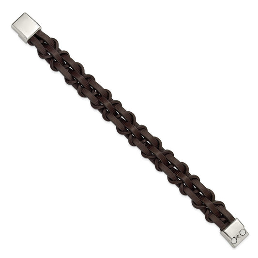 Chisel Stainless Steel Polished Brown Leather 8.5 inch Bracelet
