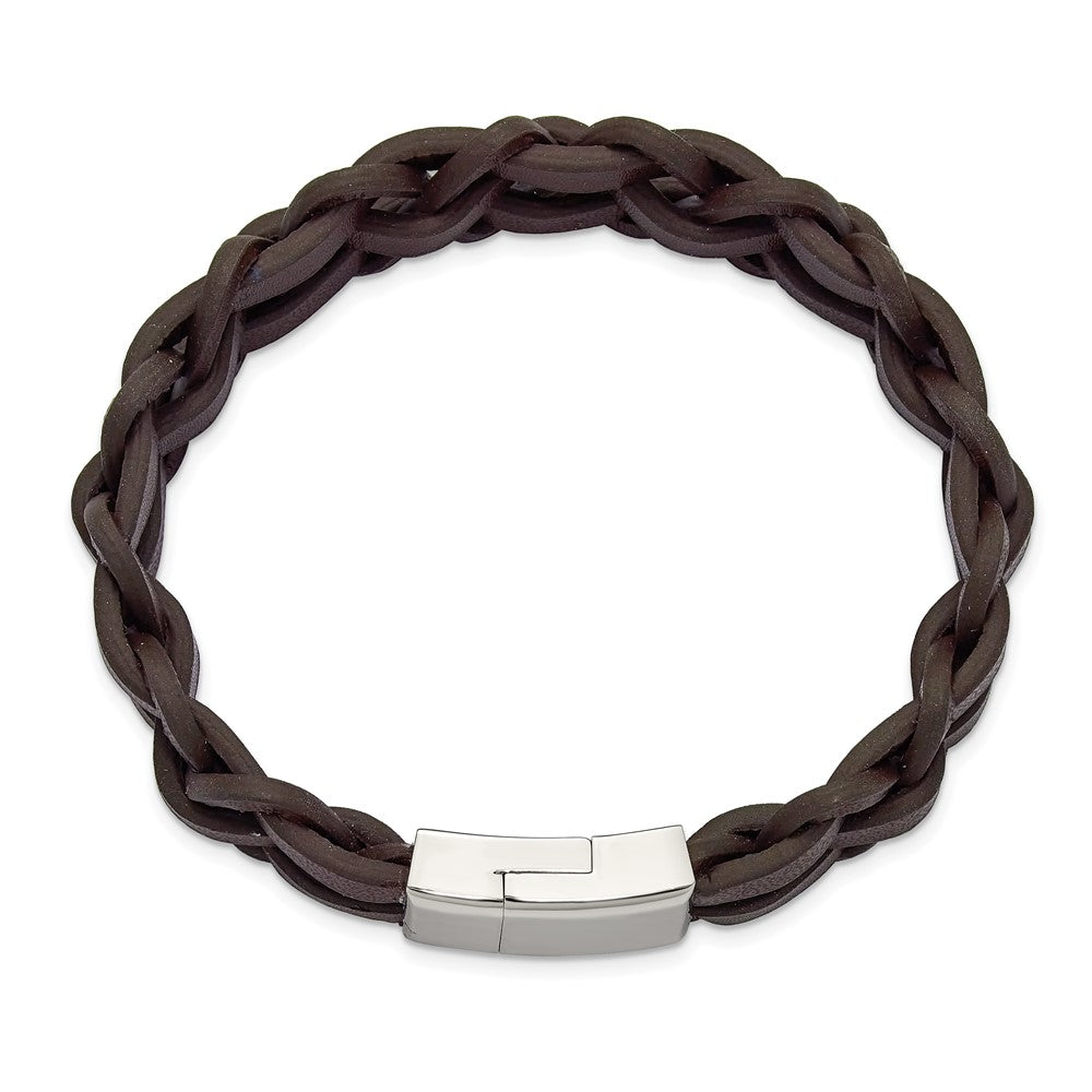 Chisel Stainless Steel Polished Brown Leather 8.25 inch Bracelet