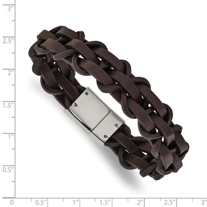 Chisel Stainless Steel Polished Brown Leather 8.5 inch Bracelet