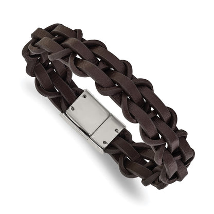 Chisel Stainless Steel Polished Brown Leather 8.5 inch Bracelet