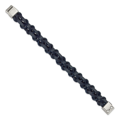 Chisel Stainless Steel Polished Navy Leather 8.5 inch Bracelet