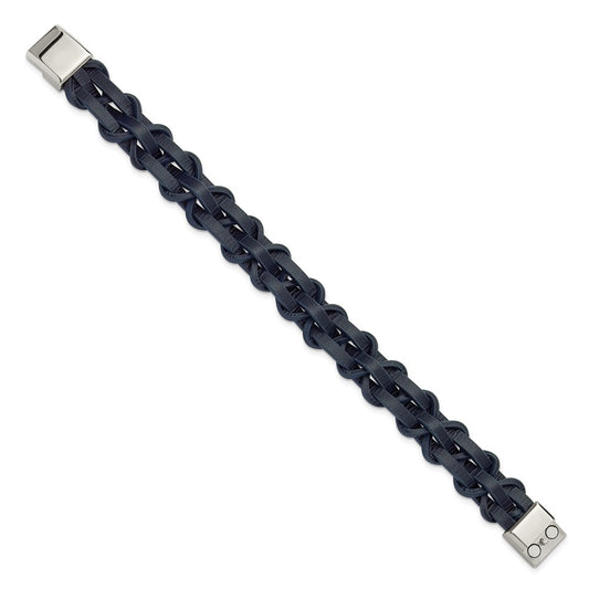 Chisel Stainless Steel Polished Navy Leather 8.5 inch Bracelet