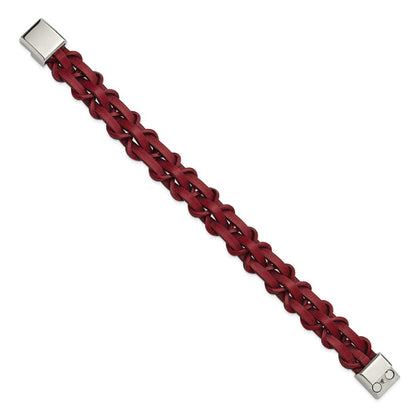 Chisel Stainless Steel Polished Red Leather 8.25 inch Bracelet