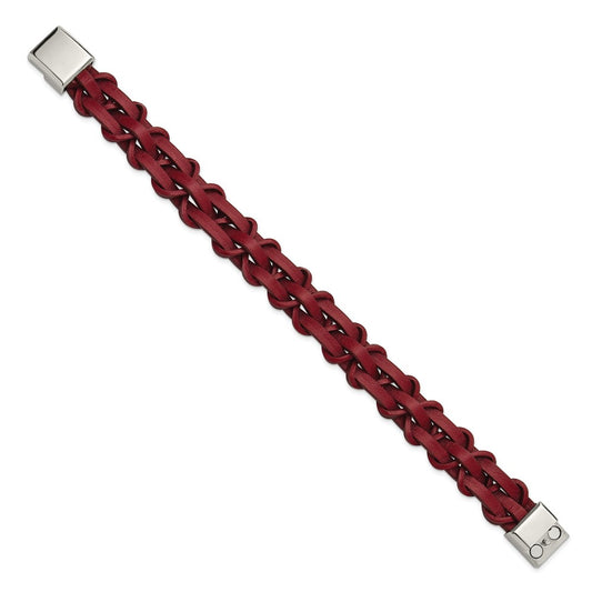 Chisel Stainless Steel Polished Red Leather 8.25 inch Bracelet