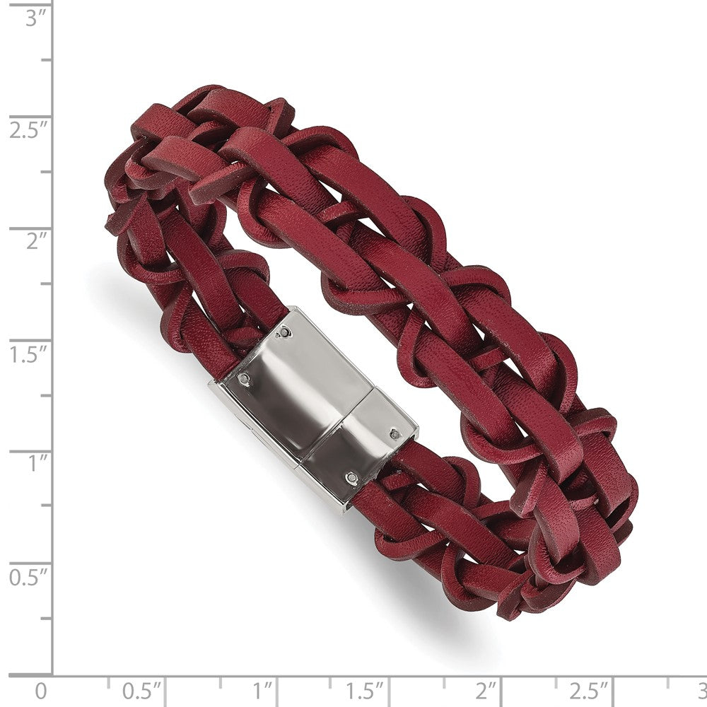 Chisel Stainless Steel Polished Red Leather 8.25 inch Bracelet