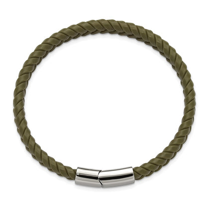 Chisel Stainless Steel Polished Braided Green Silicone 8 inch Bracelet