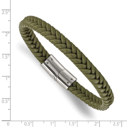 Chisel Stainless Steel Polished Braided Green Silicone 8 inch Bracelet