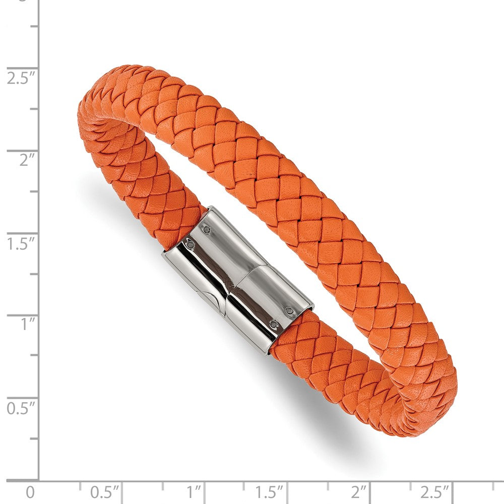 Chisel Stainless Steel Polished Braided Orange Leather 8.25 inch Bracelet