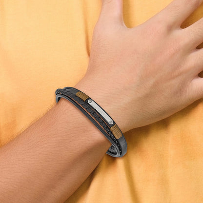 Chisel Stainless Steel Polished Multi-Strand Black Leather 8.5 inch ID Bracelet