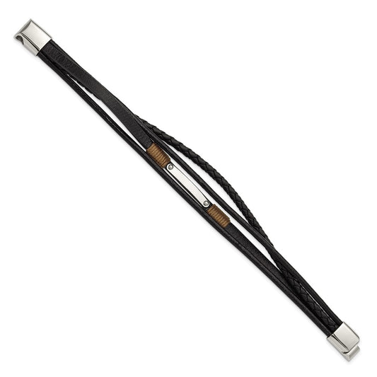 Chisel Stainless Steel Polished Multi-Strand Black Leather 8.5 inch ID Bracelet