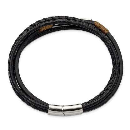 Chisel Stainless Steel Polished Multi-Strand Black Leather 8.5 inch ID Bracelet