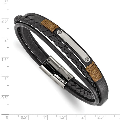 Chisel Stainless Steel Polished Multi-Strand Black Leather 8.5 inch ID Bracelet