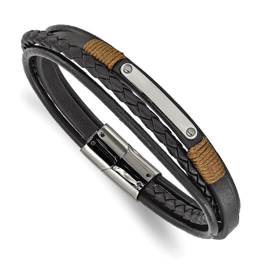 Chisel Stainless Steel Polished Multi-Strand Black Leather 8.5 inch ID Bracelet