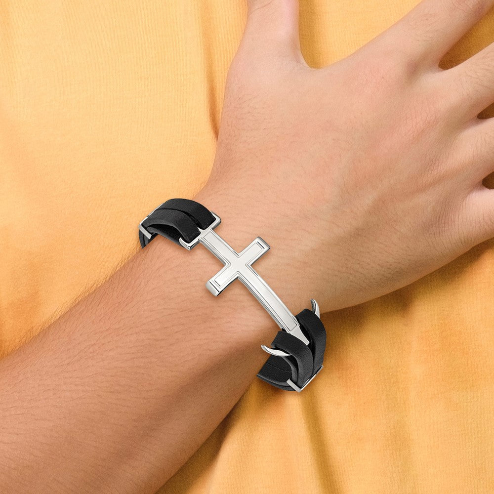 Chisel Stainless Steel Polished Cross and Anchor Black Leather 8.25 inch Bracelet