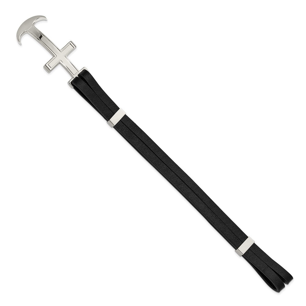 Chisel Stainless Steel Polished Cross and Anchor Black Leather 8.25 inch Bracelet