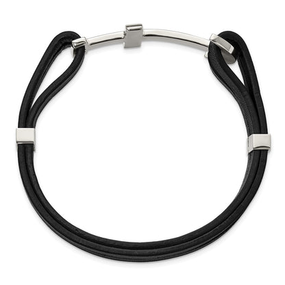 Chisel Stainless Steel Polished Cross and Anchor Black Leather 8.25 inch Bracelet