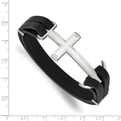 Chisel Stainless Steel Polished Cross and Anchor Black Leather 8.25 inch Bracelet
