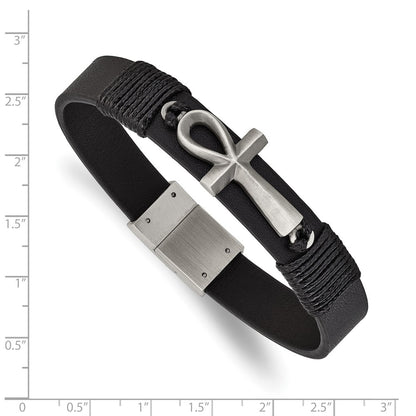 Chisel Stainless Steel Antiqued and Brushed Ankh Cross Black Leather 8.5 inch Bracelet