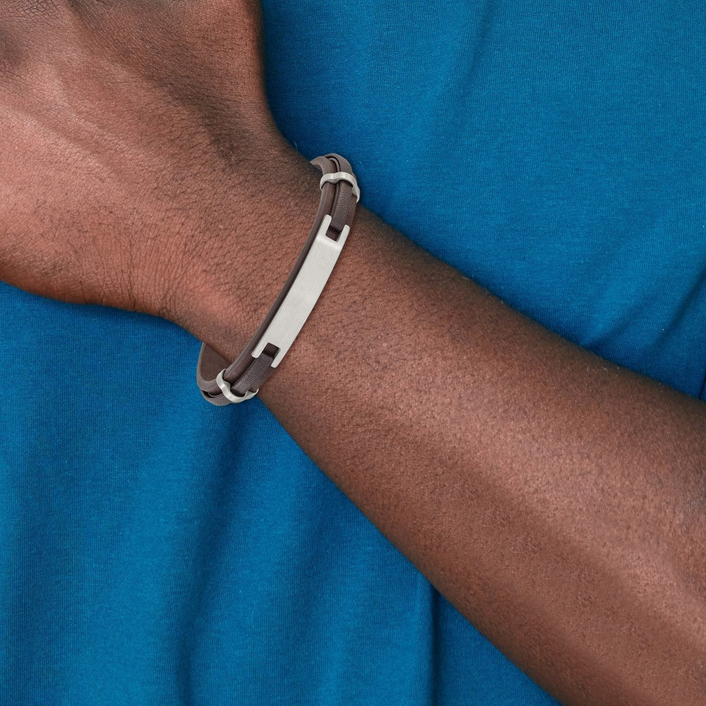 Chisel Stainless Steel Brushed Brown Leather 8.5 inch ID Bracelet