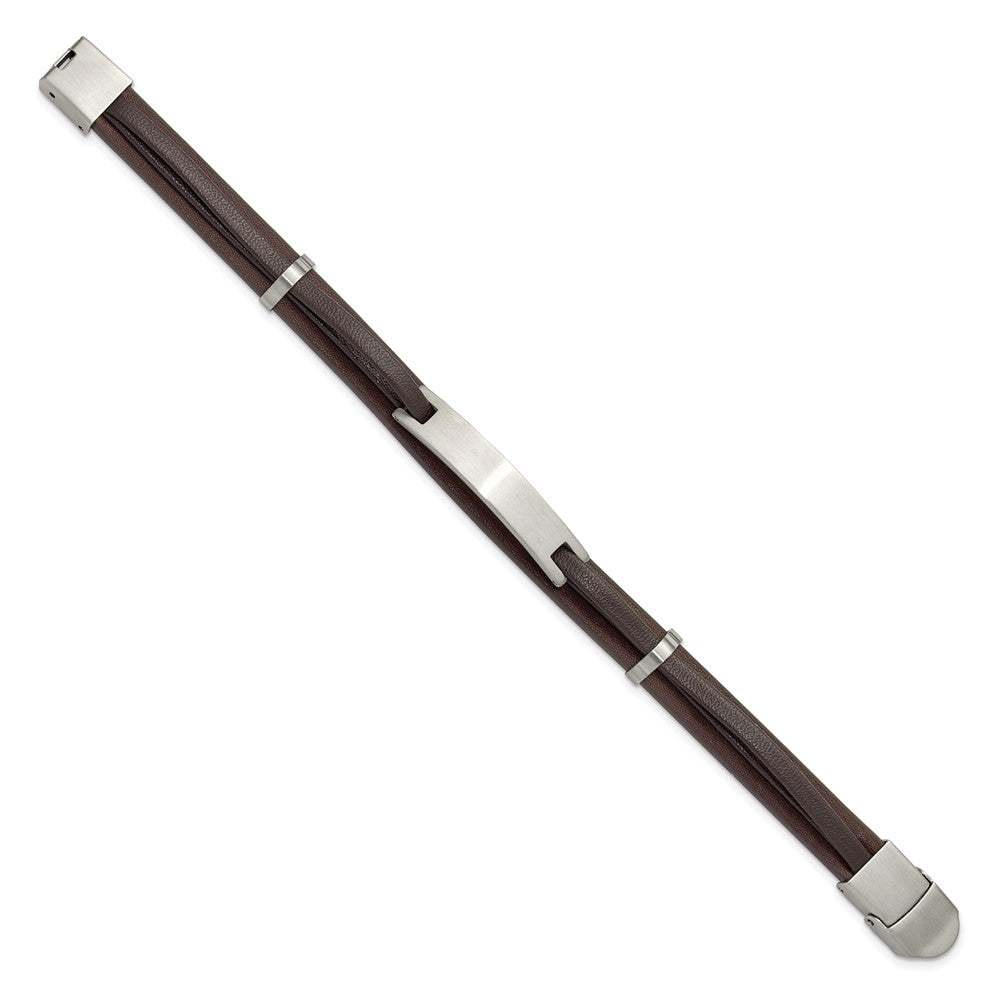 Chisel Stainless Steel Brushed Brown Leather 8.5 inch ID Bracelet