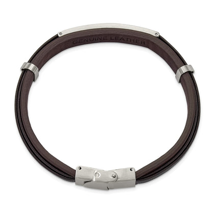 Chisel Stainless Steel Brushed Brown Leather 8.5 inch ID Bracelet