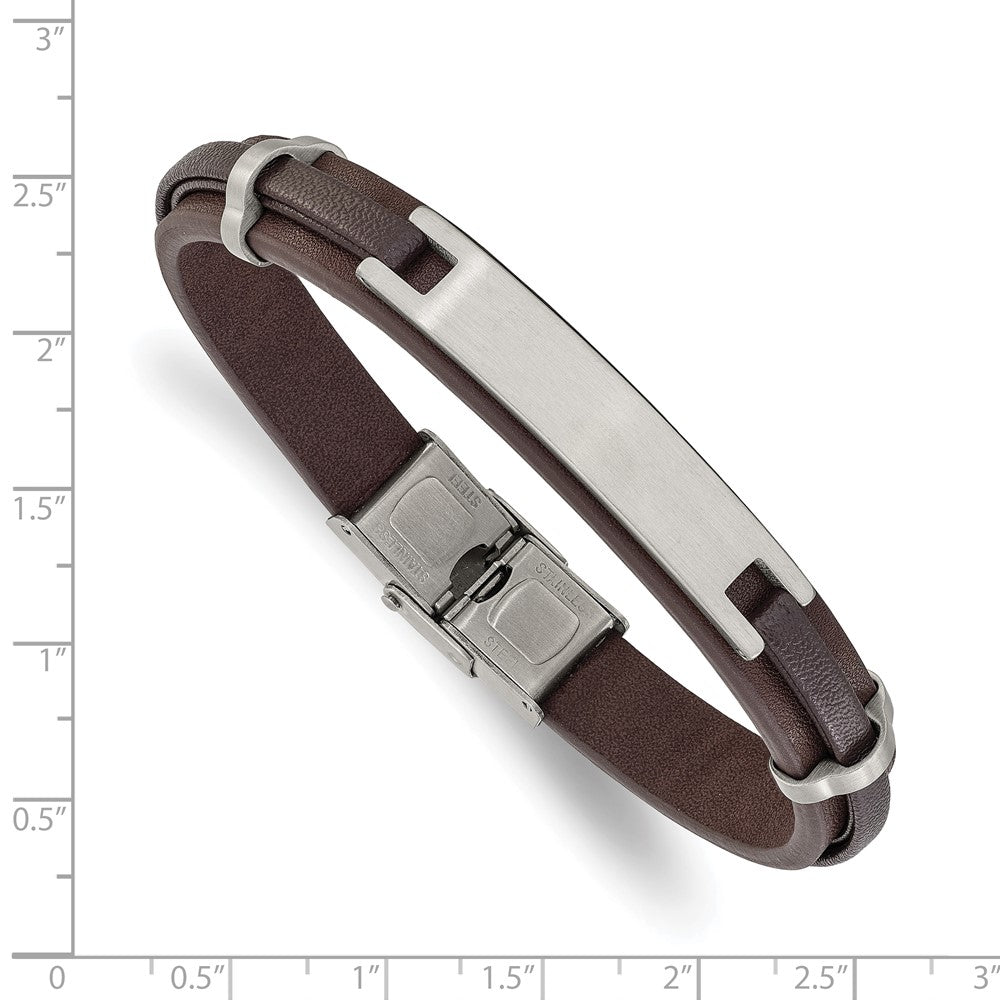 Chisel Stainless Steel Brushed Brown Leather 8.5 inch ID Bracelet