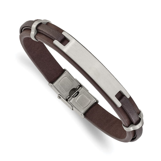 Chisel Stainless Steel Brushed Brown Leather 8.5 inch ID Bracelet