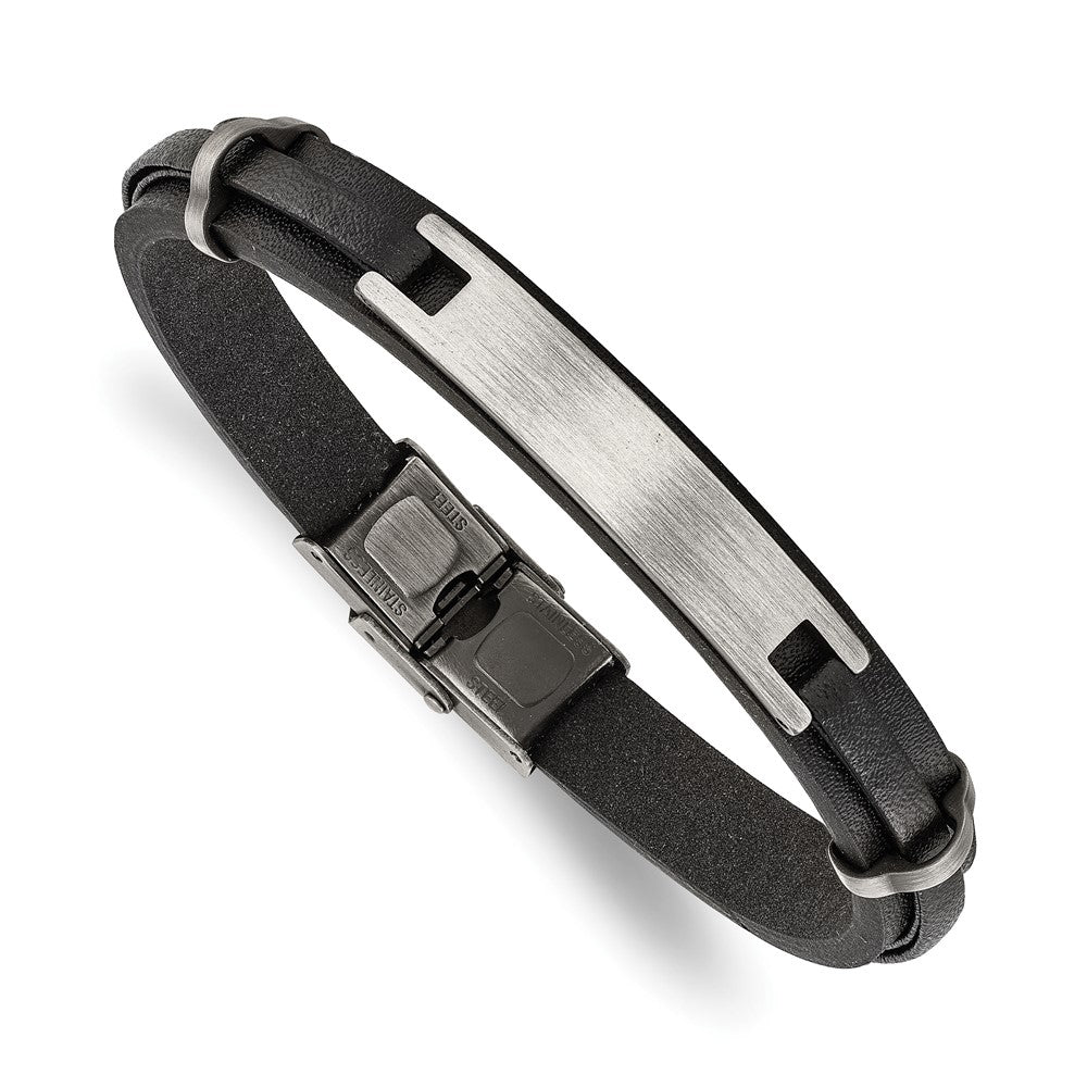 Chisel Stainless Steel Antiqued and Brushed Black Leather 8.75 inch ID Bracelet