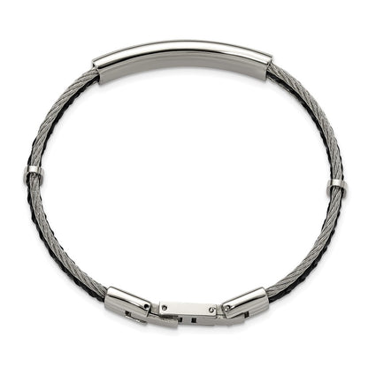 Chisel Stainless Steel Brushed and Polished Wire and Braided Black Leather 6.75 inch Plus a .5 inch Extension ID Bracelet