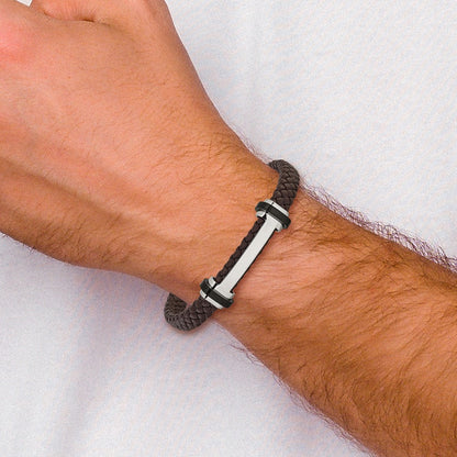 Chisel Stainless Steel Polished Braided Brown Leather 8 inch Plus a .5 inch Extension Bracelet