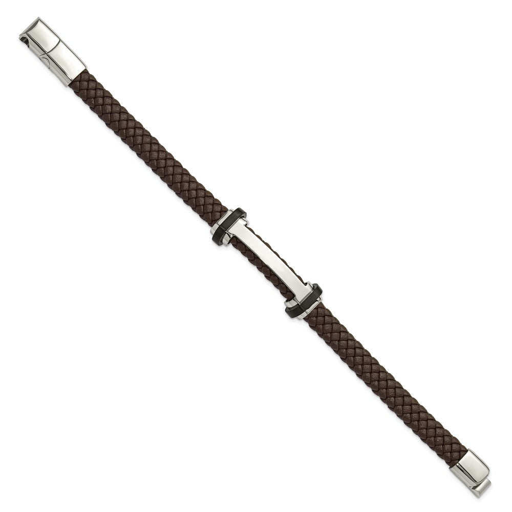 Chisel Stainless Steel Polished Braided Brown Leather 8 inch Plus a .5 inch Extension Bracelet