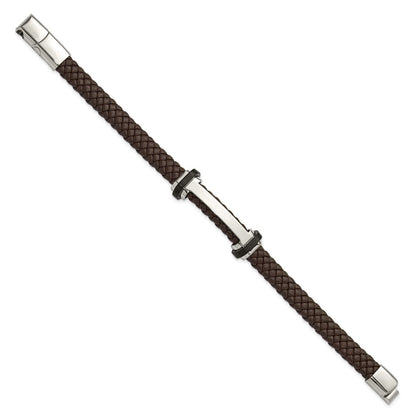 Chisel Stainless Steel Polished Braided Brown Leather 8 inch Plus a .5 inch Extension Bracelet