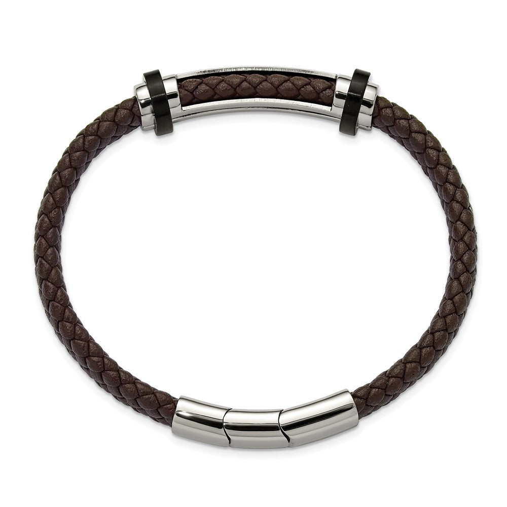 Chisel Stainless Steel Polished Braided Brown Leather 8 inch Plus a .5 inch Extension Bracelet