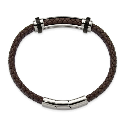 Chisel Stainless Steel Polished Braided Brown Leather 8 inch Plus a .5 inch Extension Bracelet