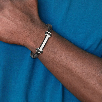 Chisel Stainless Steel Polished Braided Black Leather 8 inch Plus a .5 inch Extension Bracelet