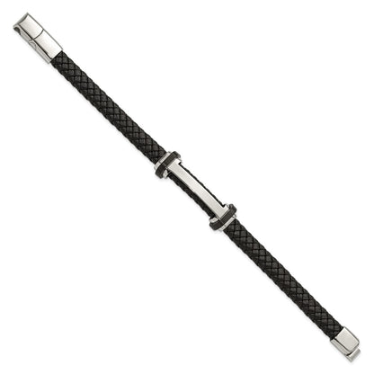 Chisel Stainless Steel Polished Braided Black Leather 8 inch Plus a .5 inch Extension Bracelet