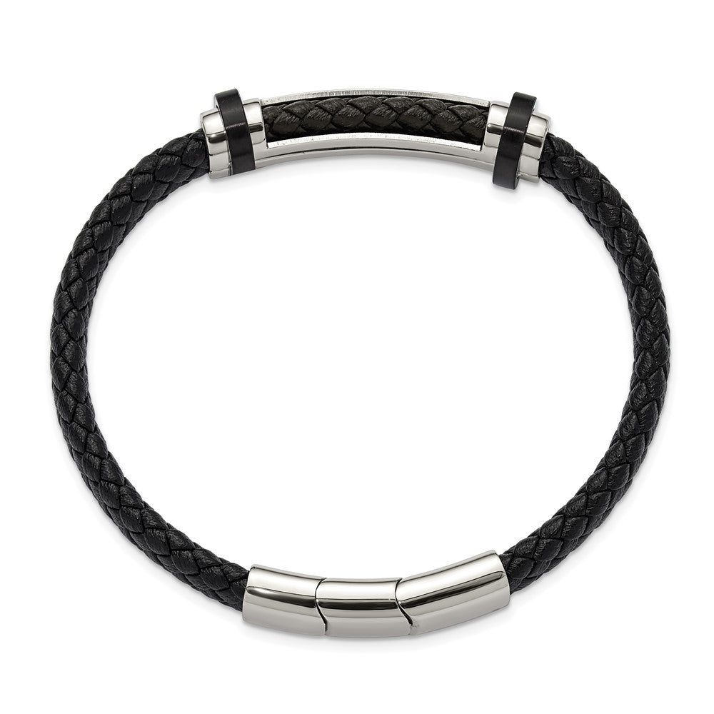 Chisel Stainless Steel Polished Braided Black Leather 8 inch Plus a .5 inch Extension Bracelet