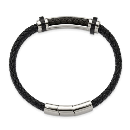 Chisel Stainless Steel Polished Braided Black Leather 8 inch Plus a .5 inch Extension Bracelet