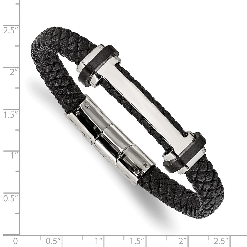 Chisel Stainless Steel Polished Braided Black Leather 8 inch Plus a .5 inch Extension Bracelet