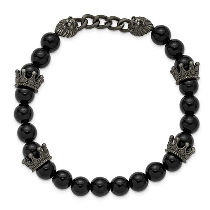 Chisel Stainless Steel Antiqued White Bronze-plated Lions Heads and Crowns 8mm Agate Beaded 7.75 inch Stretch Bracelet