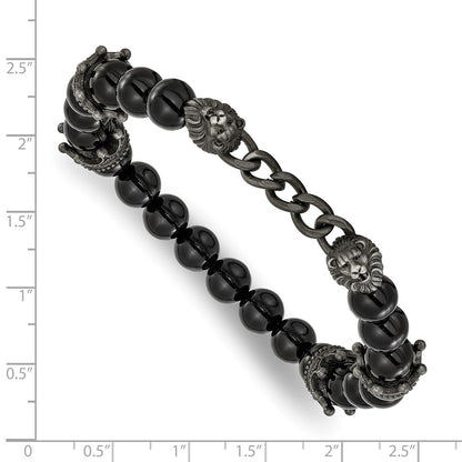Chisel Stainless Steel Antiqued White Bronze-plated Lions Heads and Crowns 8mm Agate Beaded 7.75 inch Stretch Bracelet