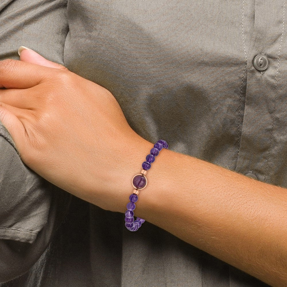 Chisel Stainless Steel Polished Rose IP-plated 6.5mm Amethyst Beaded 7 inch Stretch Bracelet