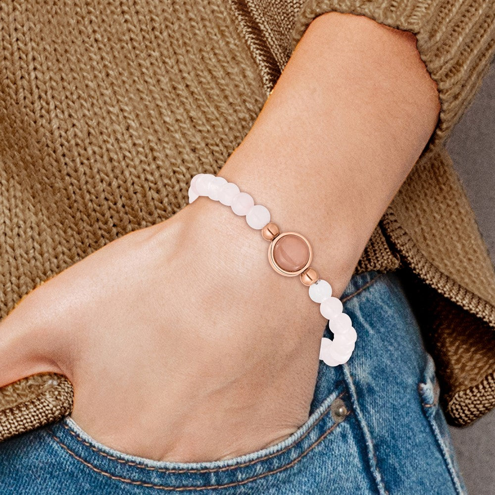 Chisel Stainless Steel Polished Rose IP-plated 6mm Pink Crystal Beaded 7 inch Stretch Bracelet