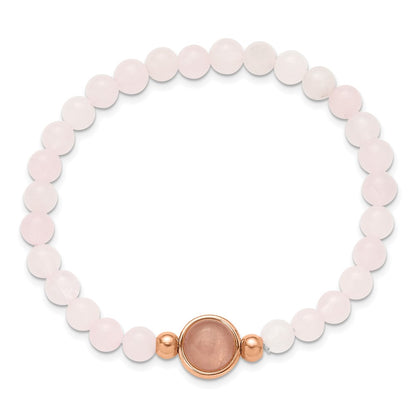 Chisel Stainless Steel Polished Rose IP-plated 6mm Pink Crystal Beaded 7 inch Stretch Bracelet