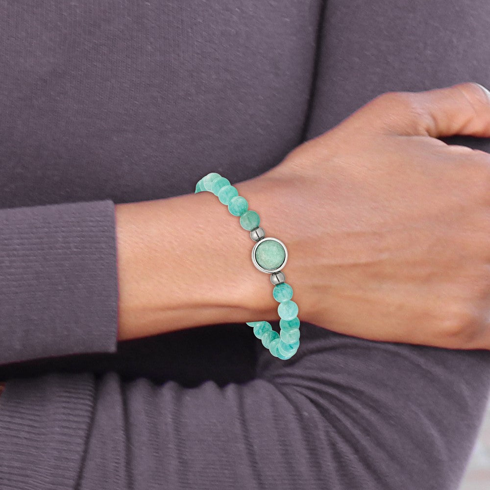 Chisel Stainless Steel Polished 6.5mm China Amazonite Beaded 7 inch Stretch Bracelet